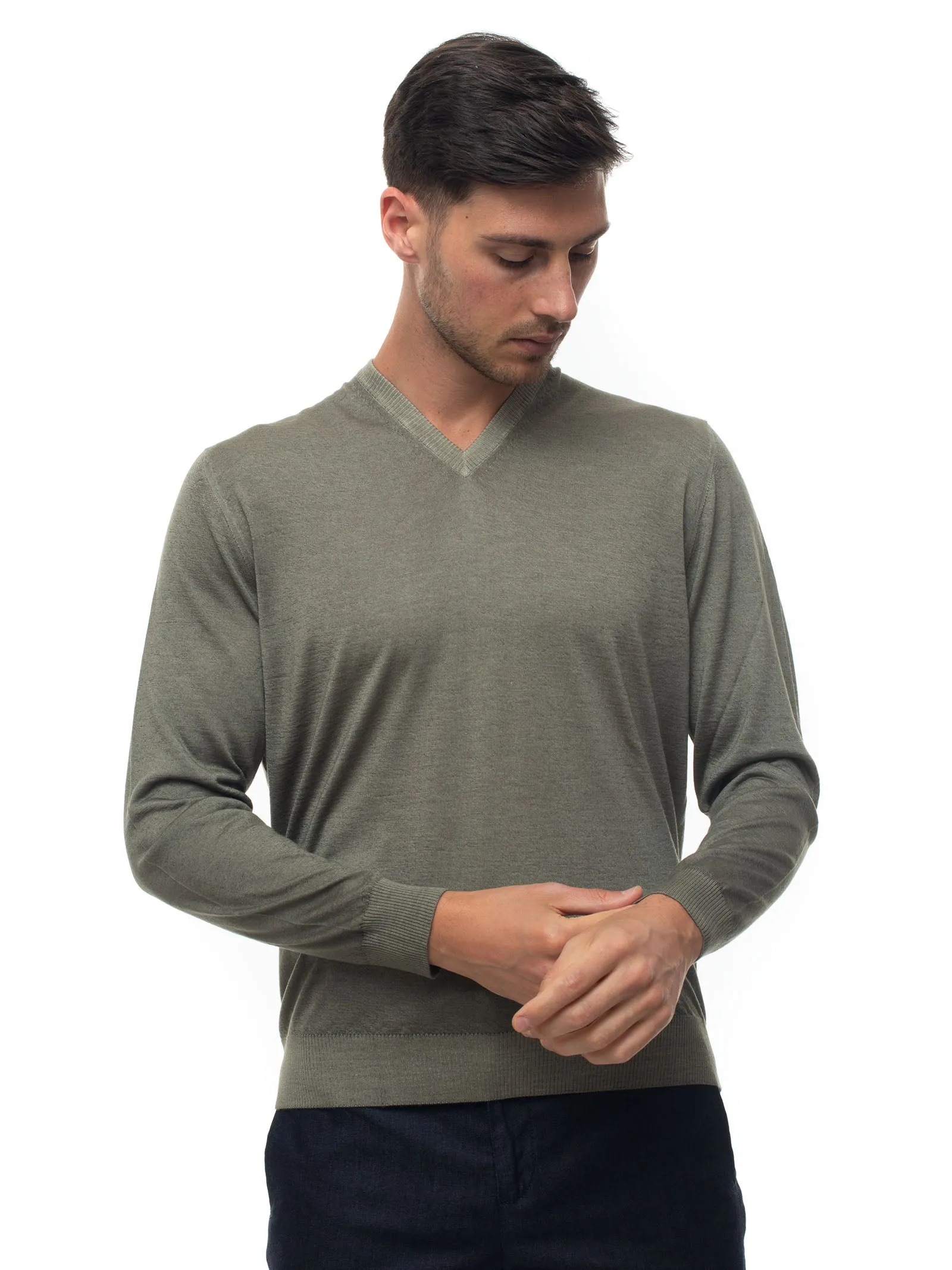 Pullover collo a V Verde Kiton Uomo