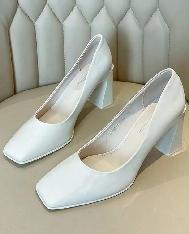 Scarpe a Punta Quadrata Delle Donne Della Pelle Verniciata Tacchi Alti Tacco di Spessore Pedicure Bocca Superficiale Set Piede S