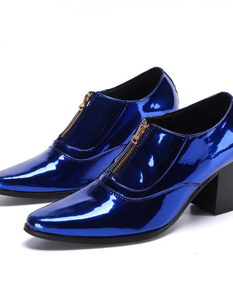 Scarpe da uomo in pelle verniciata blu Scarpe con tacco alto in vera pelle di lusso 2022 Scarpe da club con tacco spesso di marc
