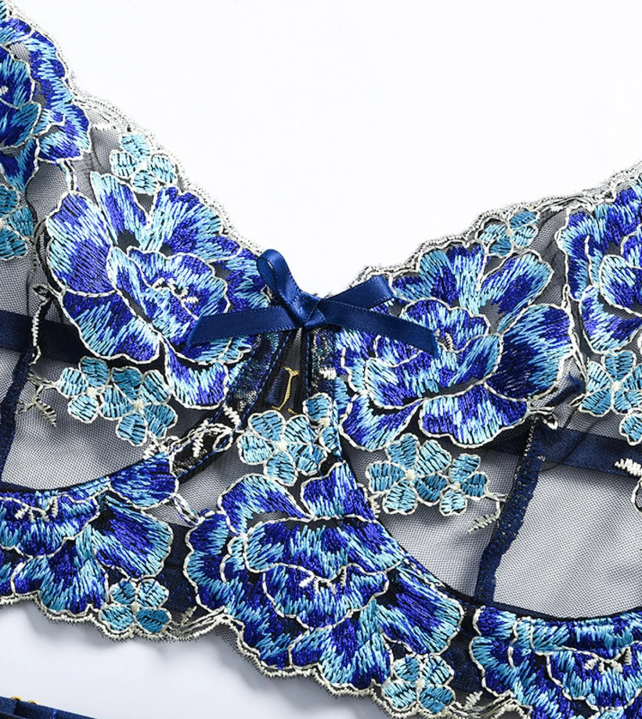 Set reggiseno in pizzo con ricami floreali in 3 pezzi con ferretto Set intimo donna perizoma Set intimo donna blu Set reggiseno