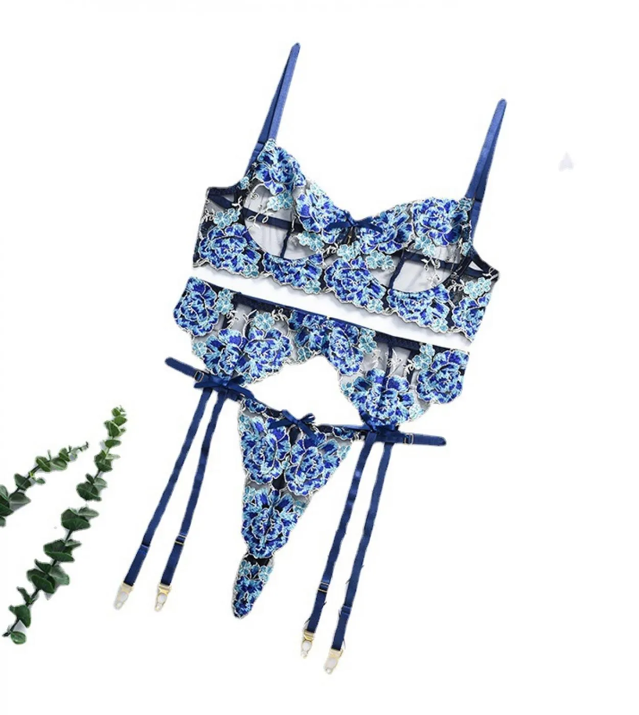 Set reggiseno in pizzo con ricami floreali in 3 pezzi con ferretto Set intimo donna perizoma Set intimo donna blu Set reggiseno
