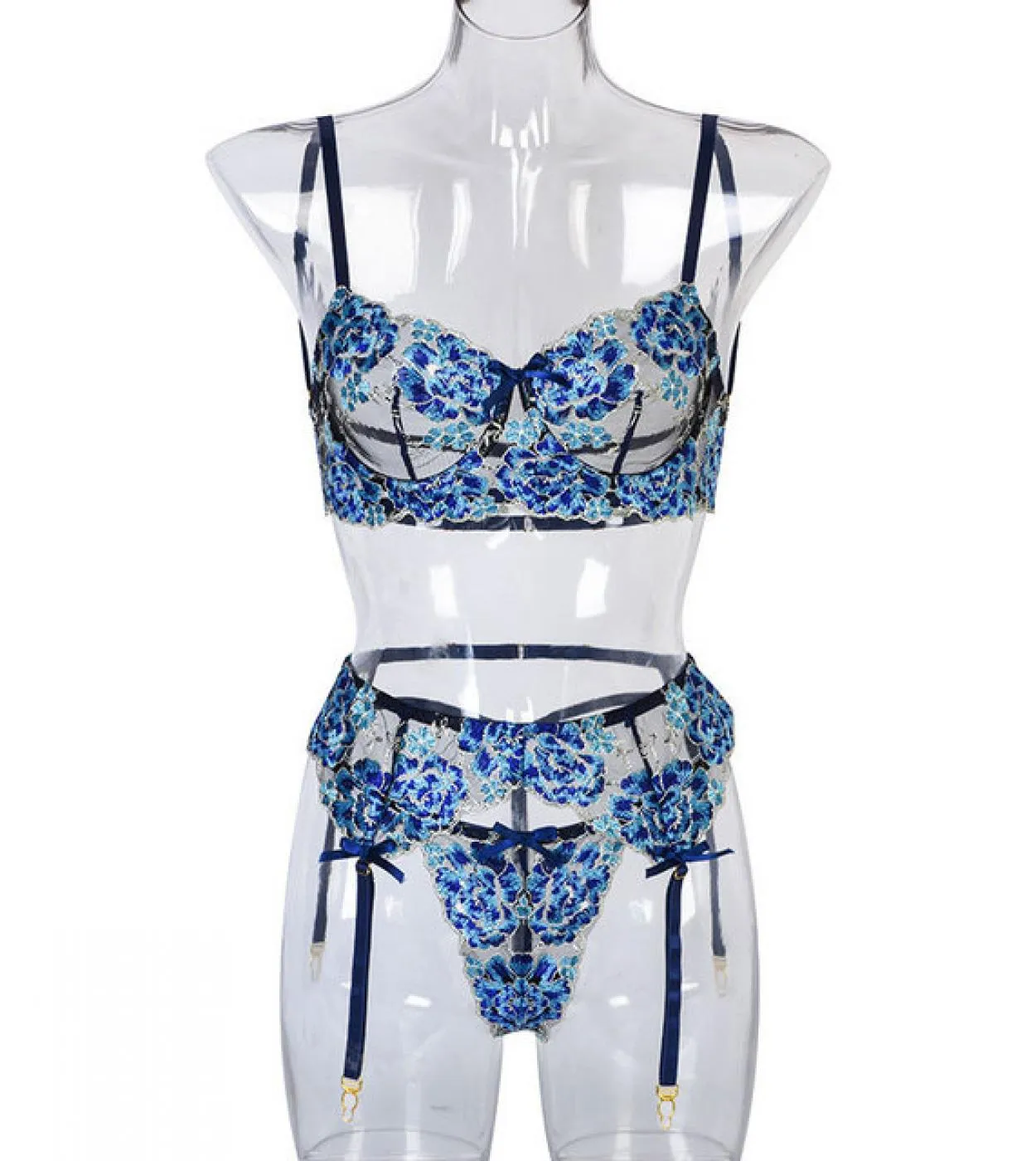 Set reggiseno in pizzo con ricami floreali in 3 pezzi con ferretto Set intimo donna perizoma Set intimo donna blu Set reggiseno