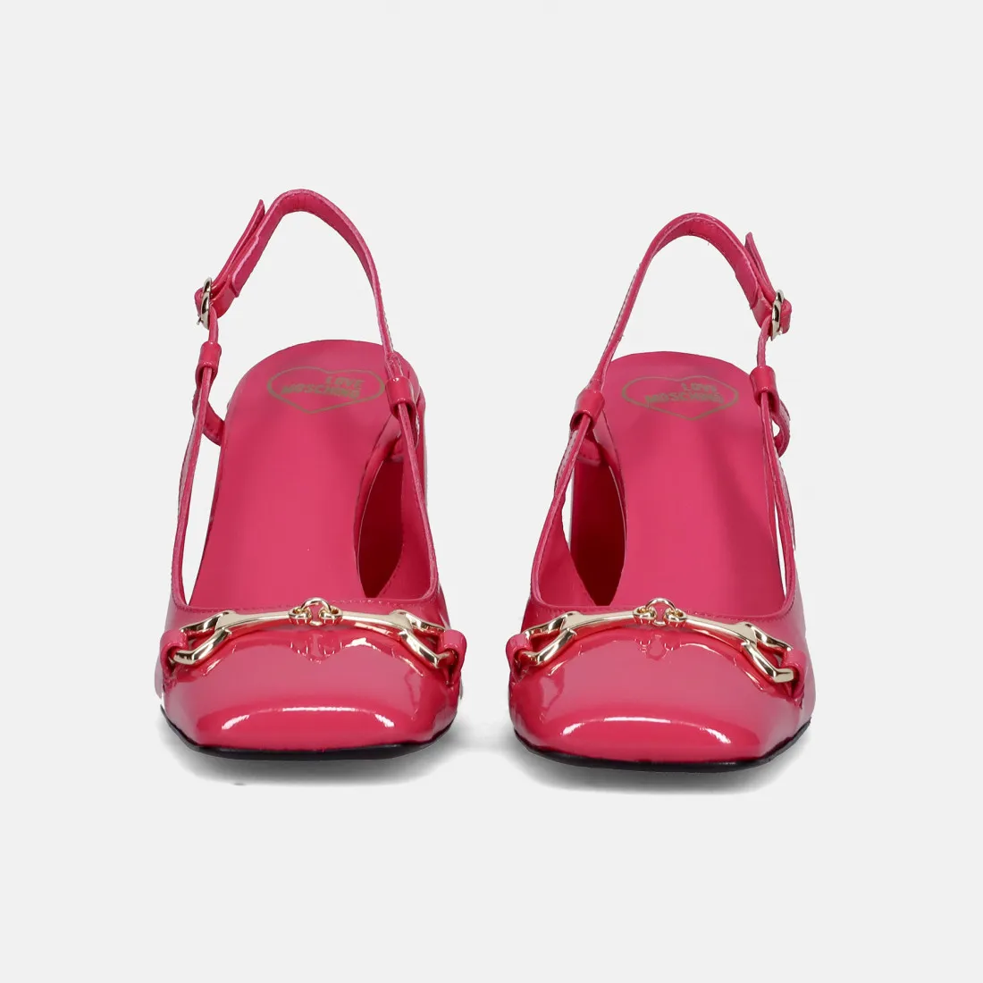 Slingback Love Moschino fucsia in vernice con tacco alto e punta quadra