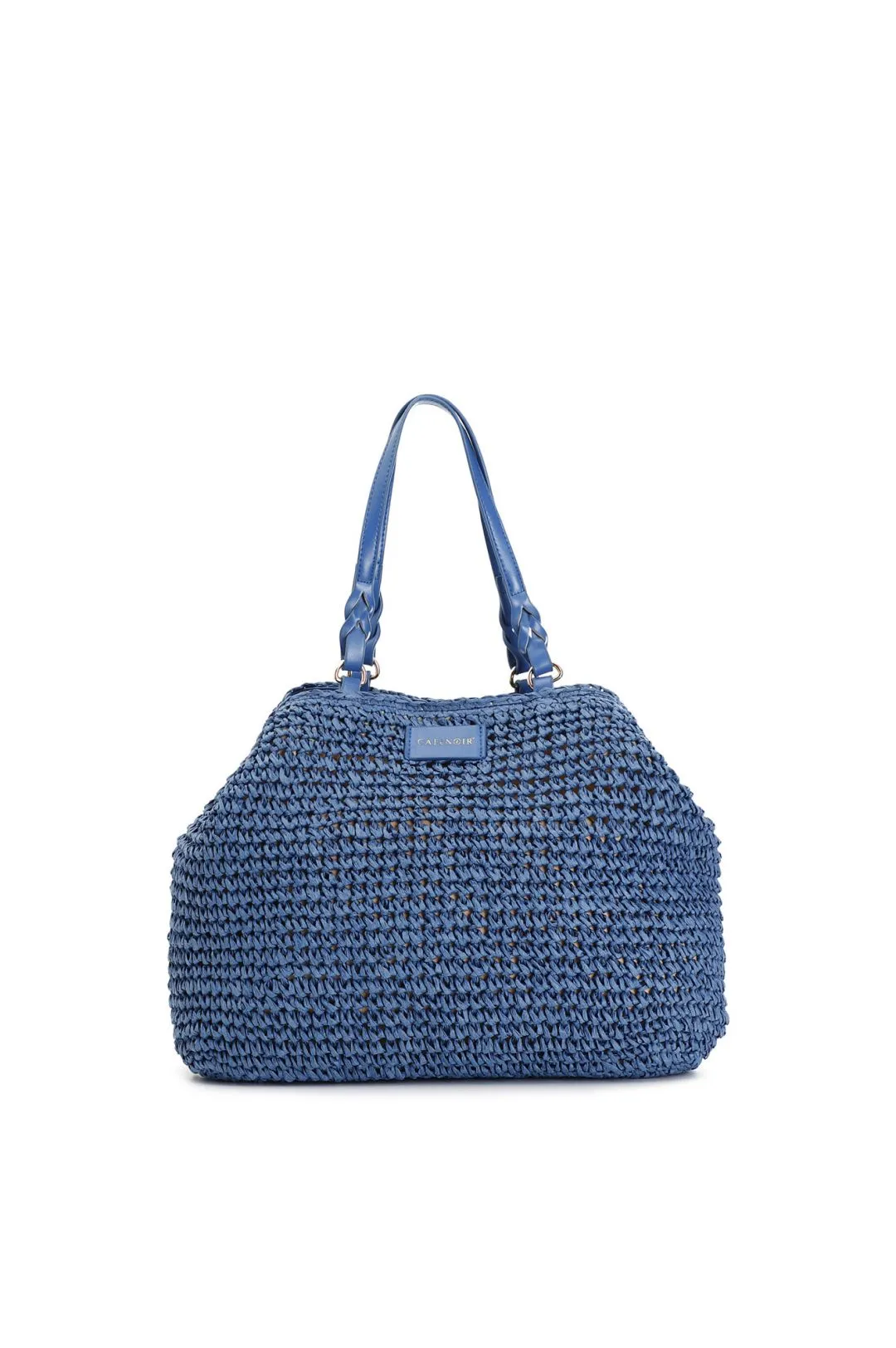 tote a lavorazione crochet con charm colorato a cuore con bordo in rafia blu