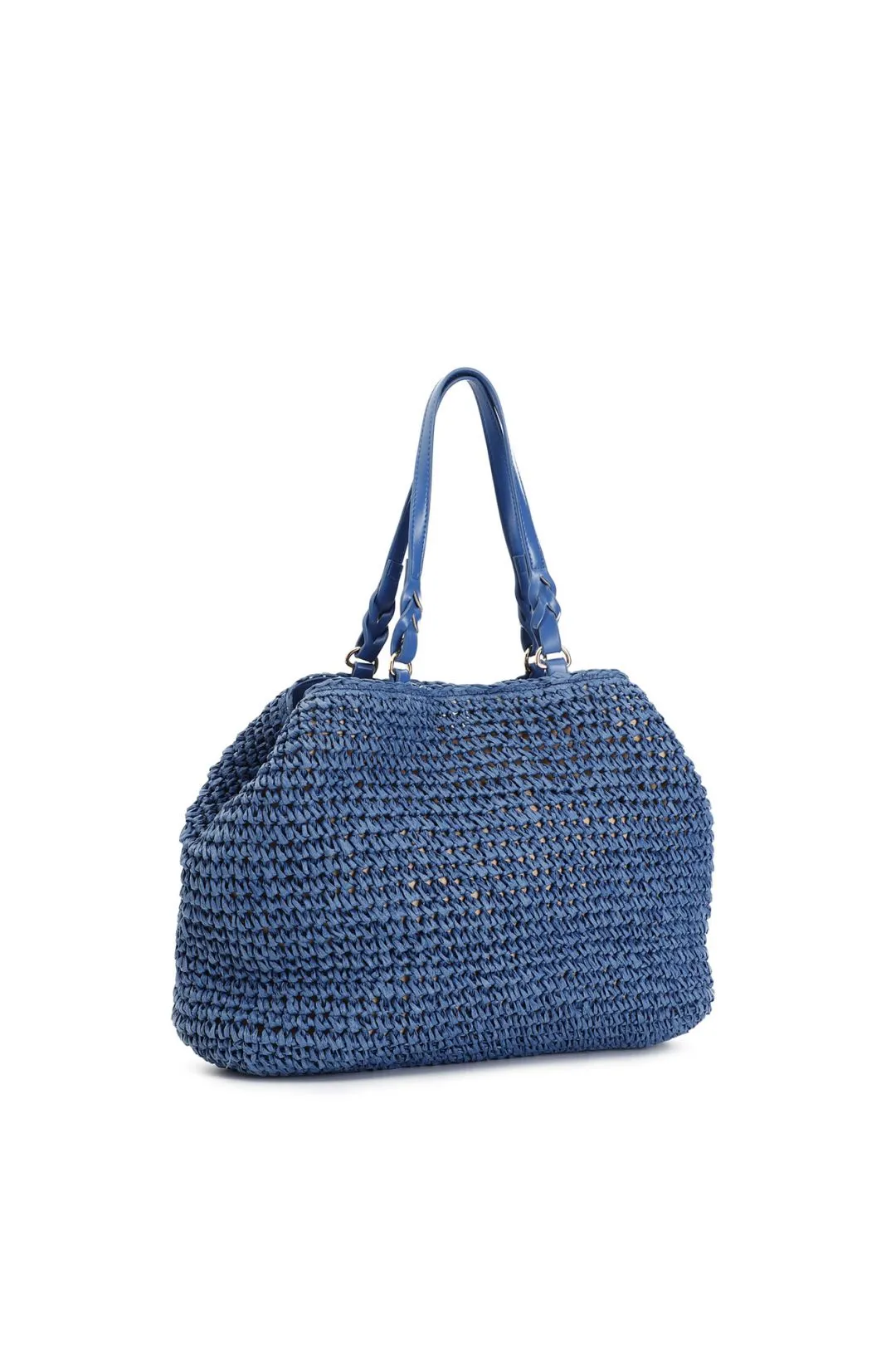tote a lavorazione crochet con charm colorato a cuore con bordo in rafia blu