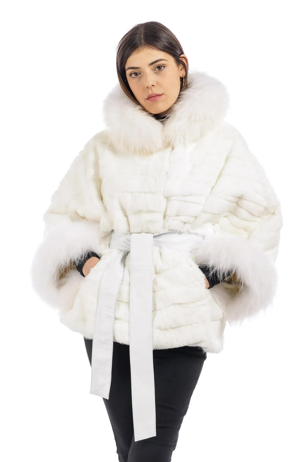 White Lapin cape with knotted leather belt