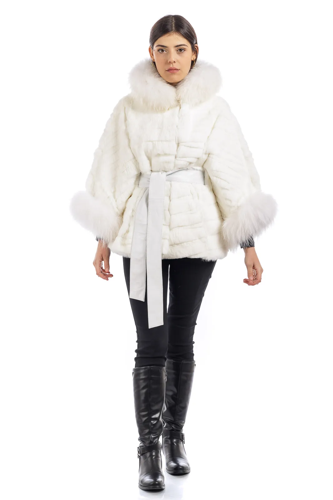 White Lapin cape with knotted leather belt