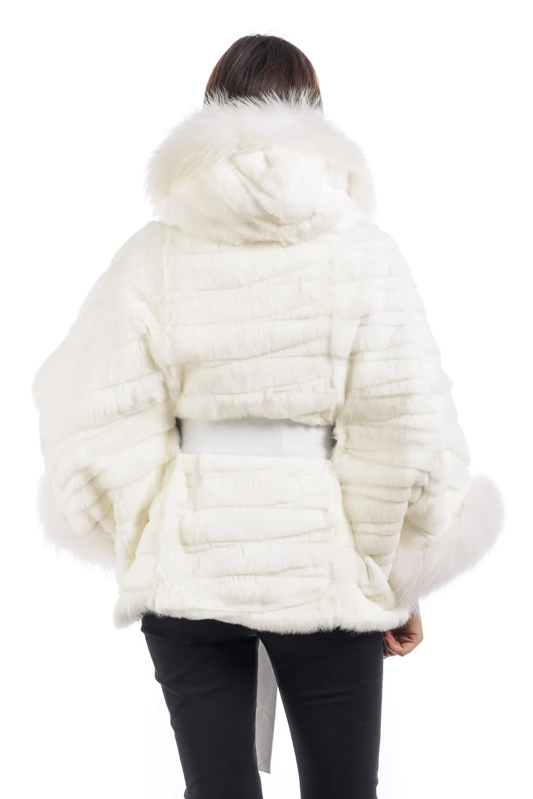 White Lapin cape with knotted leather belt