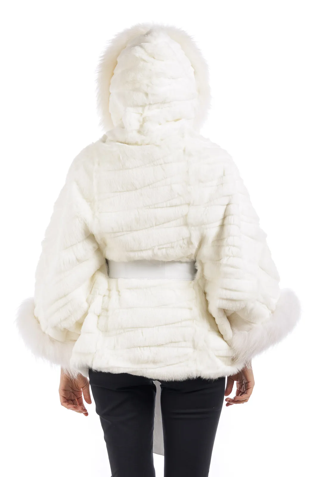 White Lapin cape with knotted leather belt