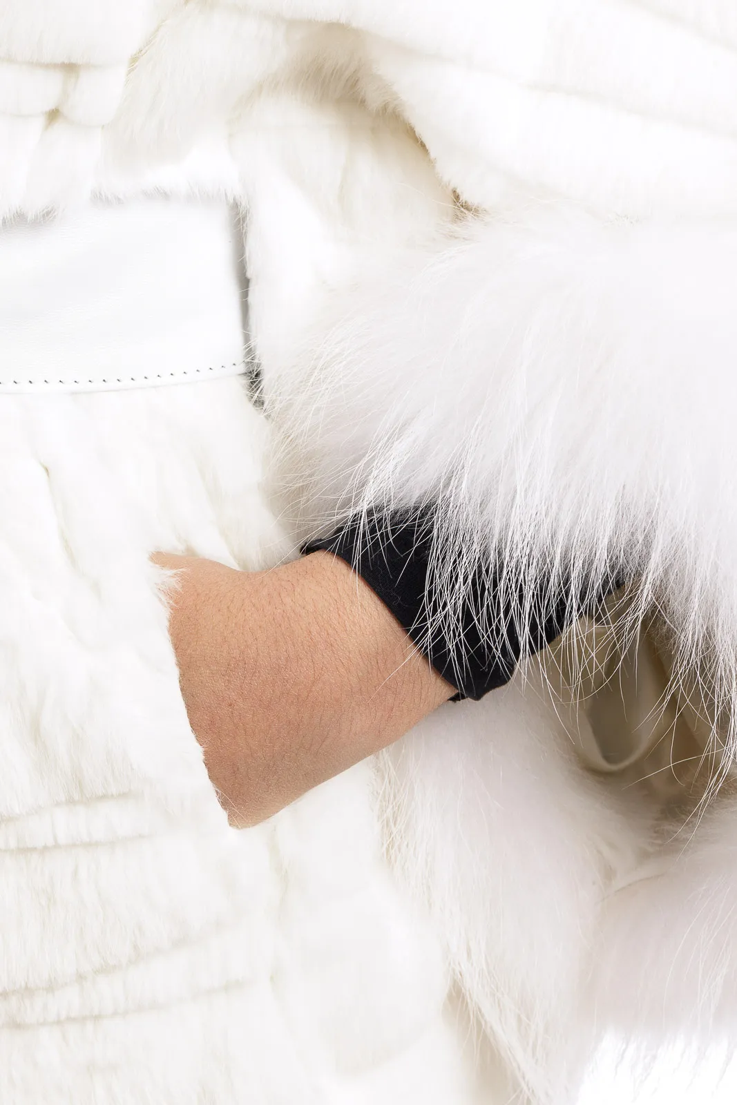 White Lapin cape with knotted leather belt